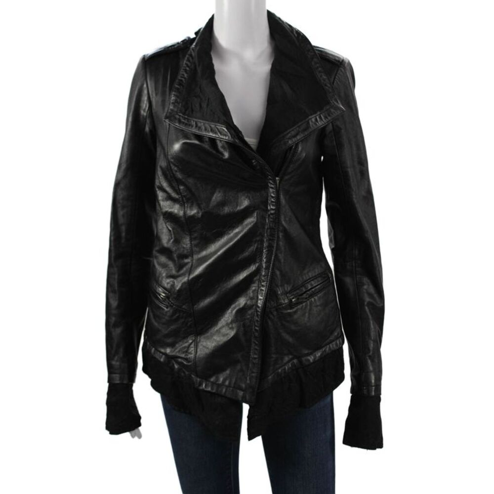 Kill City Women Biker Leather Jacket Black Collared Long Sleeve Size XS